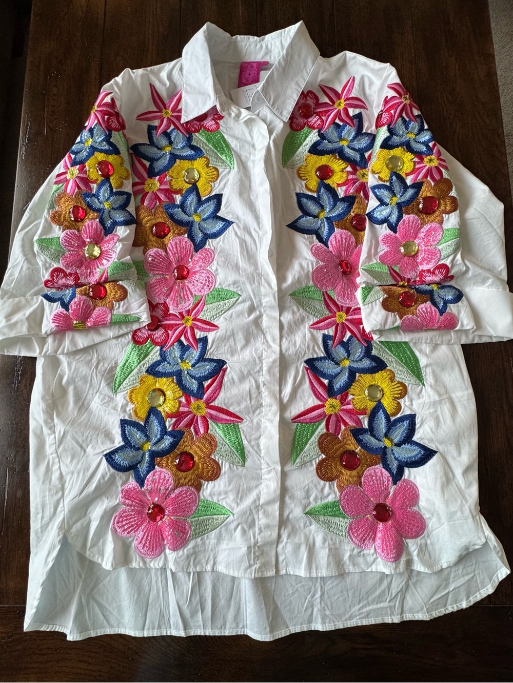 New Queen of Sparkles embroidered White Floral Button dress large -